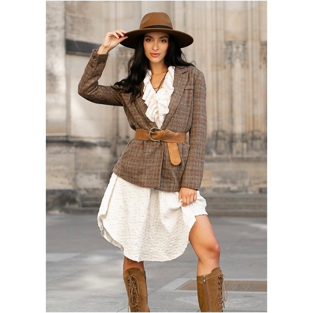 *NEW* Joyfolie Mia Joy Womens XXS Louve Blazer Tan Brown Plaid Button Jacket